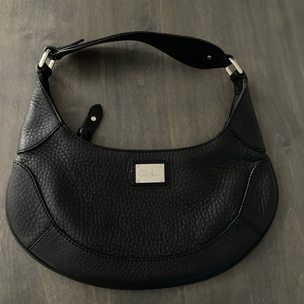 Black Leather Crescent Shoulder Bag - Classic Women's Handbag